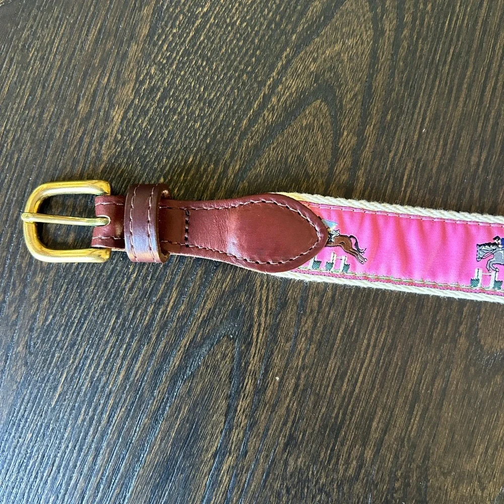 Dover Saddlery Pink and Brown Horse Jumping Canvas Kids Belt With Leather Strap